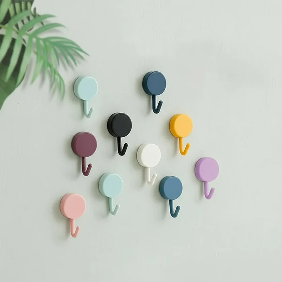 Self-Adhesive Wall Hooks (10 Pcs) – Multi-Color Round Hooks for Keys, Towels, Kitchen & Bathroom Organization